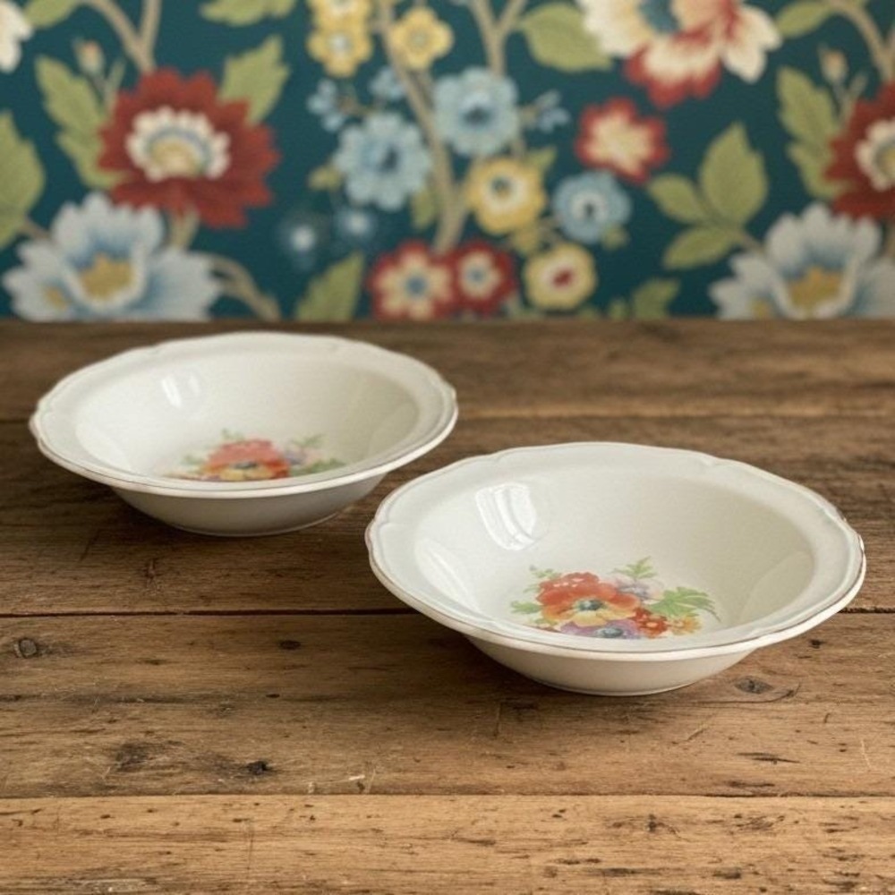 Edwin M Knowles Floral Salad Bowls, Vintage Semi Vitreous Gold Edge China